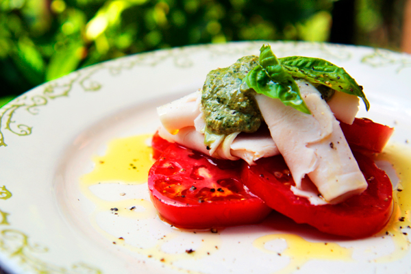 Tomato, turkey, basil, pesto